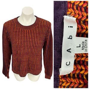 CABI Sweater Womens Large Melange #891 Lava Stripe Purple Orange Red Crewneck